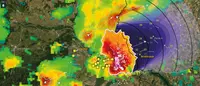 Nowcast map of a storm cell with its projected track and arrival times