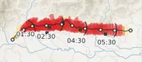 Storm track with timestamps, coloured by severity